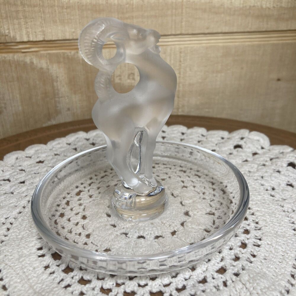 Vintage Lalique Bastia Ram Crystal Ring Dish Pin Tray Frosted Art Glass Signed